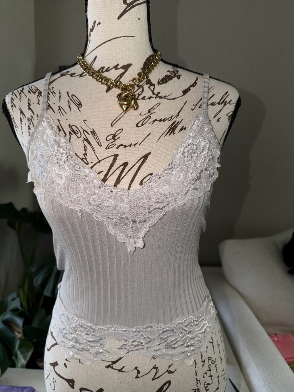 Lace Trim Ribbed Camisole in Light Beige